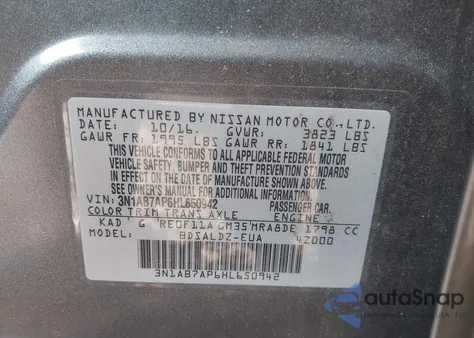 2017 Nissan Sentra S/Sv/Sr/Sl z USA, uszkodzony, nr VIN 3N1AB7AP6HL650942